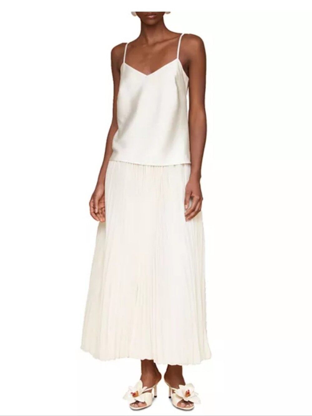 Avec Les Filles Cream Pleated Maxi Dress Size 4 Spaghetti Strap Layered Midi NWT